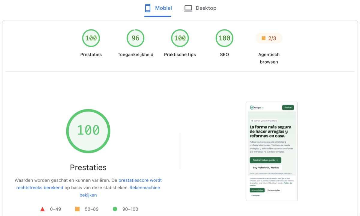 PageSpeed score voor Arreglao.es