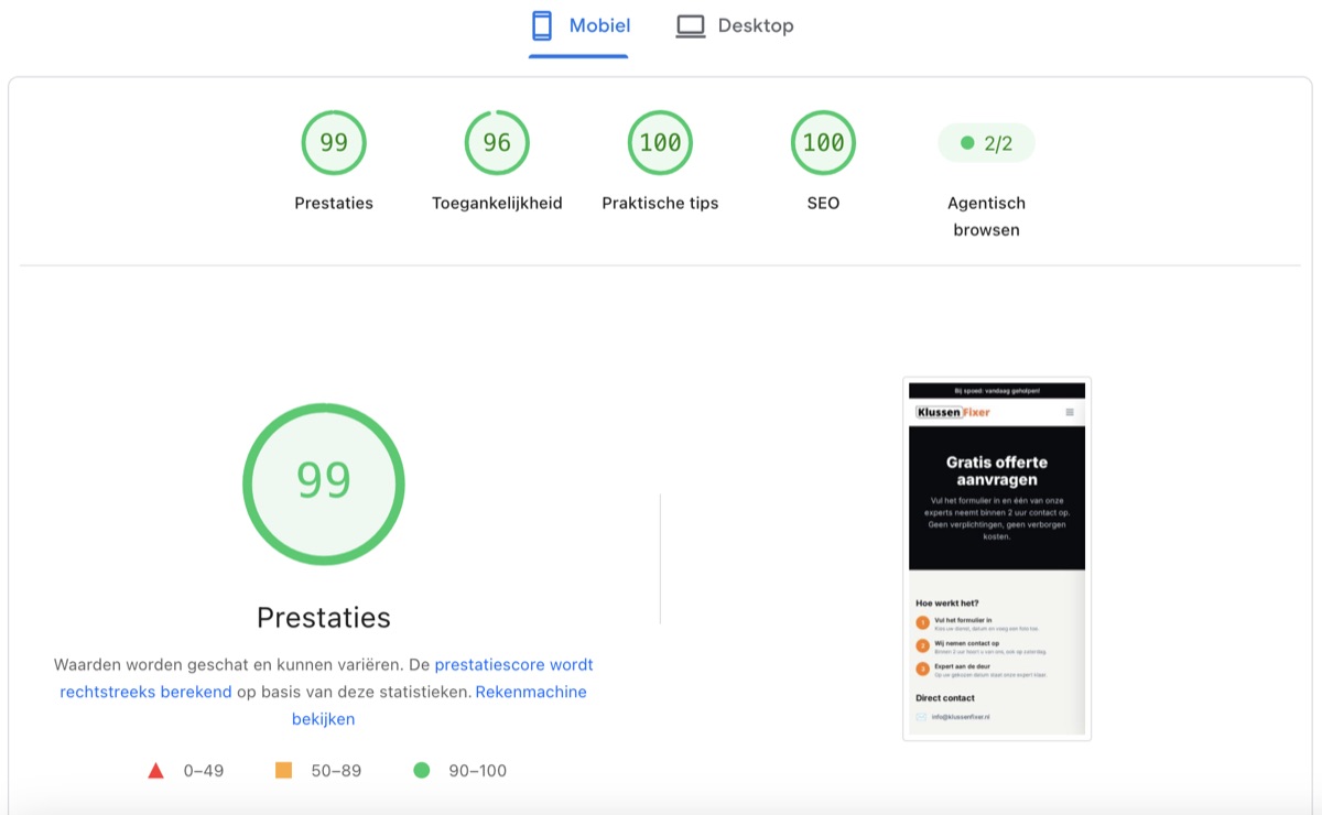 PageSpeed score voor KlussenFixer