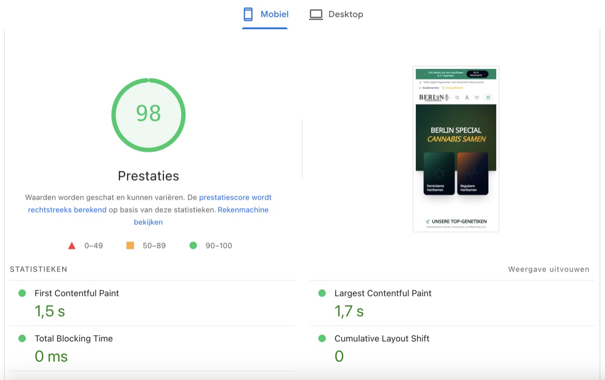 PageSpeed score voor Webshop (seeds)